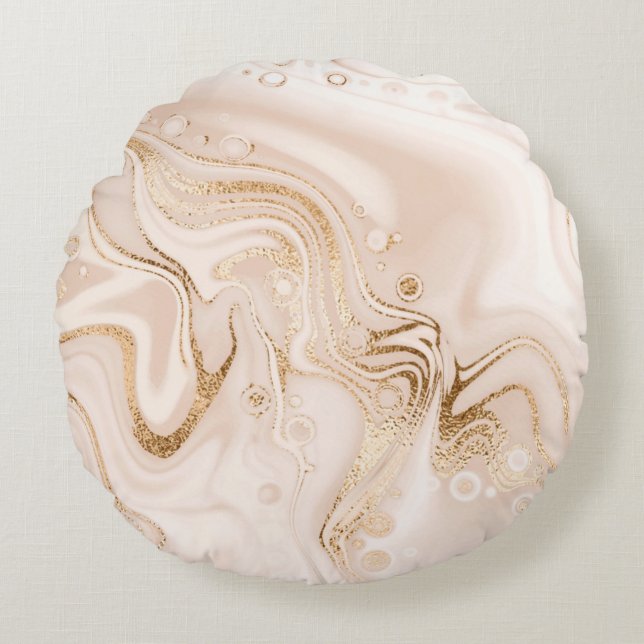 Beige liquid marble with gold glitter splash round pillow (Front)