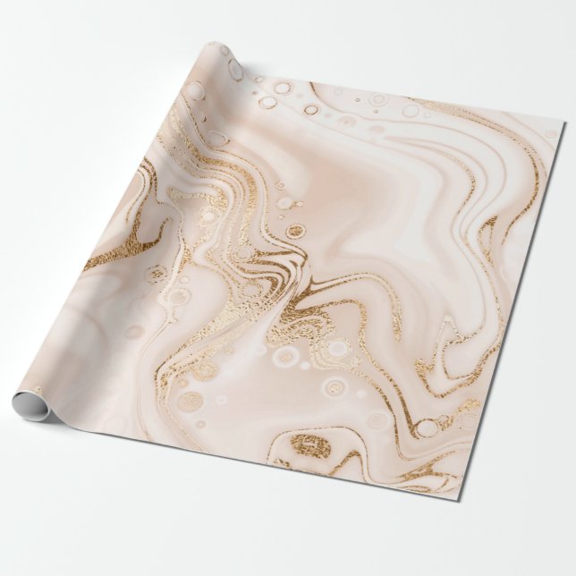 Beige liquid marble with gold glitter splash wrapping paper (Unrolled)