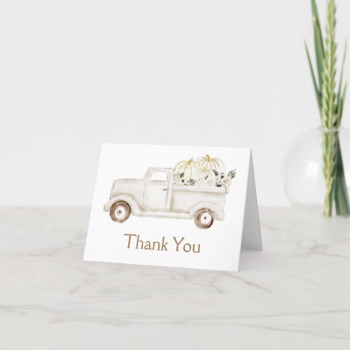 Beige Little Pumpkin Truck Baby Shower Photo Thank You Card