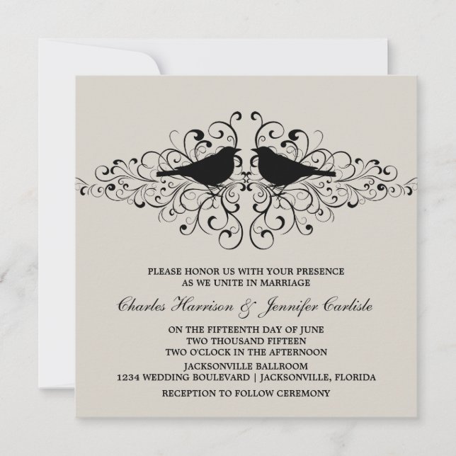 Beige Love Bird Swirls Wedding Invitation (Front)