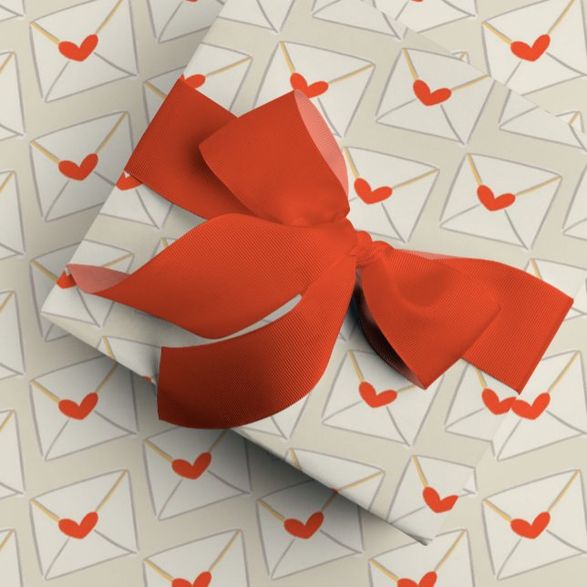 Beige Love Notes Red Heart Envelope Pattern Wrapping Paper (Red heart love note Valentine's Day envelope gift wrapping paper.)