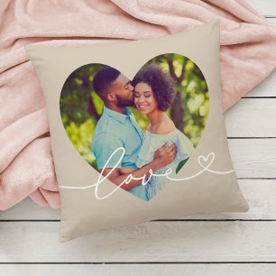 Beige Love Script Heart Photo Couple Throw Pillow