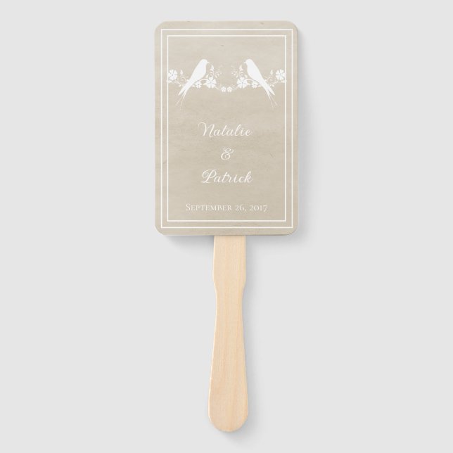 Beige Lovebird Floral Wedding Hand Fans (Front)