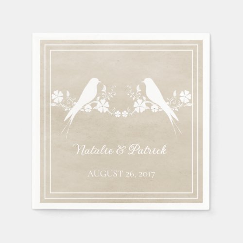 Beige Lovebird Floral Wedding Paper Napkins