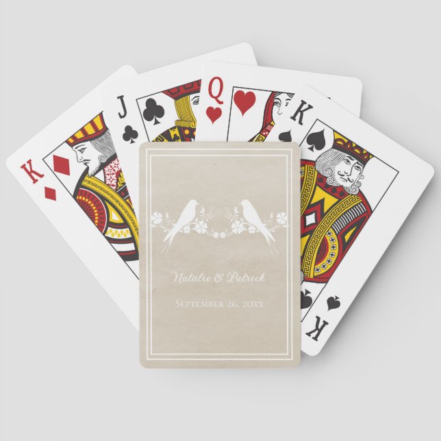 Beige Lovebird Floral Wedding Playing Cards (Back)