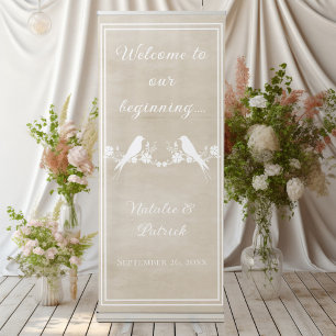 Beige Lovebird Floral Wedding Welcome Retractable Banner