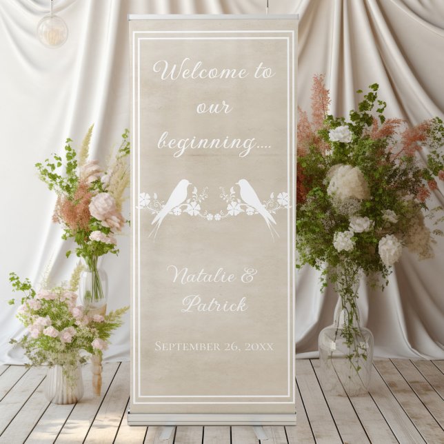 Beige Lovebird Floral Wedding Welcome Retractable Banner (Beige Lovebird Floral Wedding Welcome Retractable Banner)