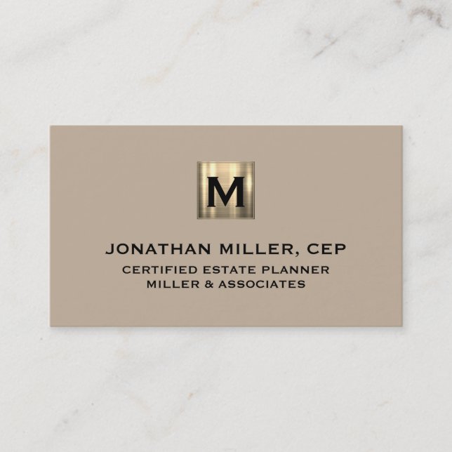 Beige Luxury Gold Initial Logo Business Card (Front)