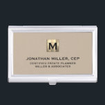 Beige Luxury Gold Initial Logo Business Card Case<br><div class="desc">Simple modern luxury design with brushed metallic gold initial logo medallion with personalized name,  title,  company name or custom text below in classic block typography on a neutral beige background. Personalize for your custom use.</div>