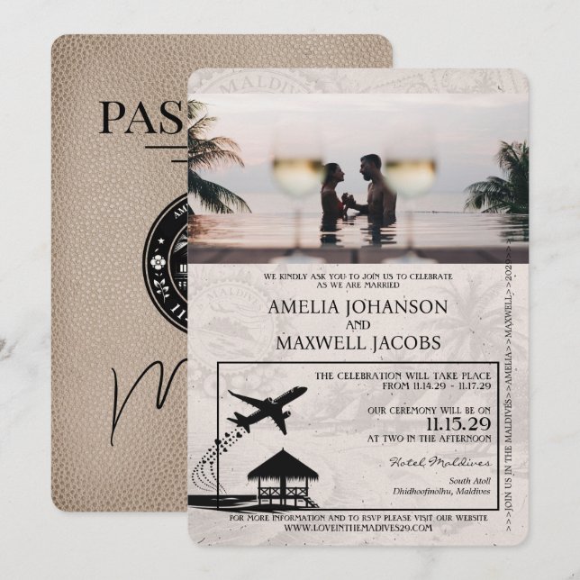 Beige Maldives Passport Wedding Invitation (Front/Back)
