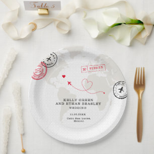 Beige Map Destination Wedding  Paper Plates