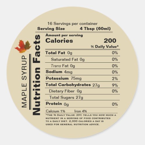 Beige Maple Syrup Nutrition Facts with Maple Leaf  Classic Round Sticker