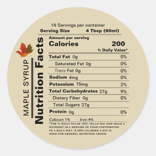 Beige Maple Syrup Nutrition Facts with Maple Leaf Classic Round Sticker