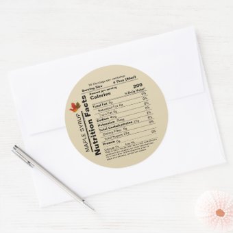 Beige Maple Syrup Nutrition Facts with Maple Leaf Classic Round Sticker