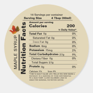 Beige Maple Syrup Nutrition Facts with Maple Leaf Classic Round Sticker