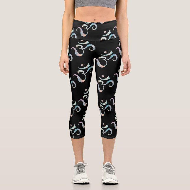 Beige Marbled Om Scattered Black Background Capri Leggings (Front)
