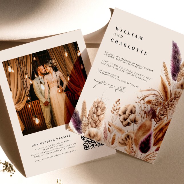 Beige & Mauve Tropical Flowers Bohemian Wedding Invitation (Creator Uploaded)