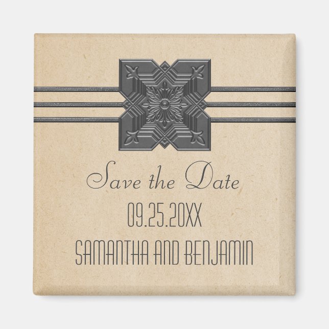 Beige Medallion Border Save the Date Magnet (Front)