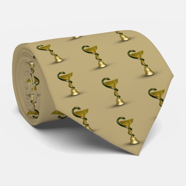 Beige Medical Bowl Hygieia Snake Gold Caduceus Neck Tie (Rolled)