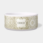 Beige Mediterranean Tile Custom Dog Cat Pet Name Bowl<br><div class="desc">"personalized custom pet name",  "dog cat feeding bowl",  "neutral beige tan white",  "authentic mediterranean ceramic tile",  "traditional spanish painted painting",  "square tiled floral abstract tiles",  "vintage antique customized bowl",   "personal puppy kitten feed dish",  "italian sicilian portuguese style",  "stylish folk flowers flower art"</div>