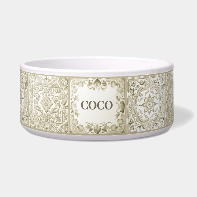 Beige Mediterranean Tile Custom Dog Cat Pet Name Bowl (Front)