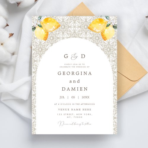 Beige Mediterranean Tile Lemons  Photo Wedding Invitation