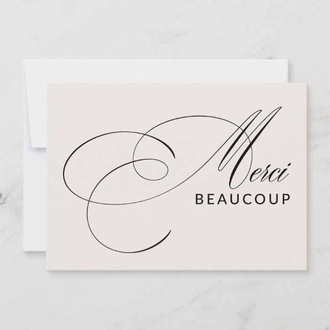 Beige Merci Beaucoup Elegant Calligraphy Thank You Card (Front)
