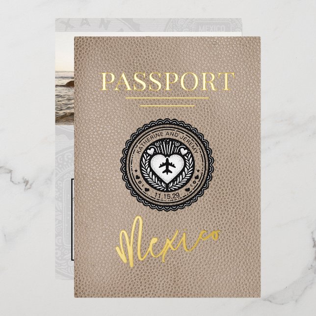 Beige Mexico Passport Wedding Foil Invitation (Front/Back)