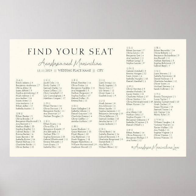 Beige Minimal Alphabetical Wedding Seating Chart (Front)
