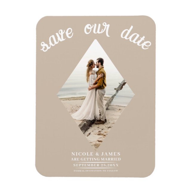 Beige Minimal Diamond Photo Wedding Save the Date Magnet (Vertical)