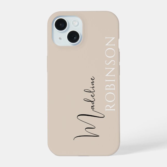 Beige Minimal Modern Initial Name Script Iphone Case (Back)
