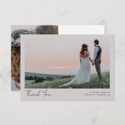 Beige Minimalist 2 Photo Calligraphy Wedding Thank You Card