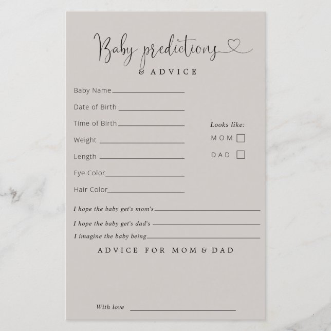 Beige Minimalist Baby Predictions Advice Card (Front)