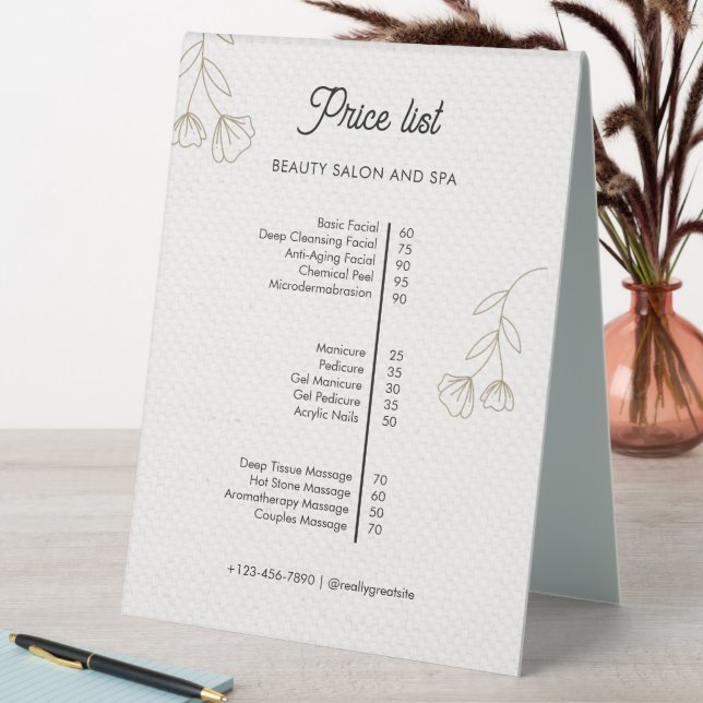 Beige Minimalist Beauty Salon Price List  Table Tent (In SItu (Table))