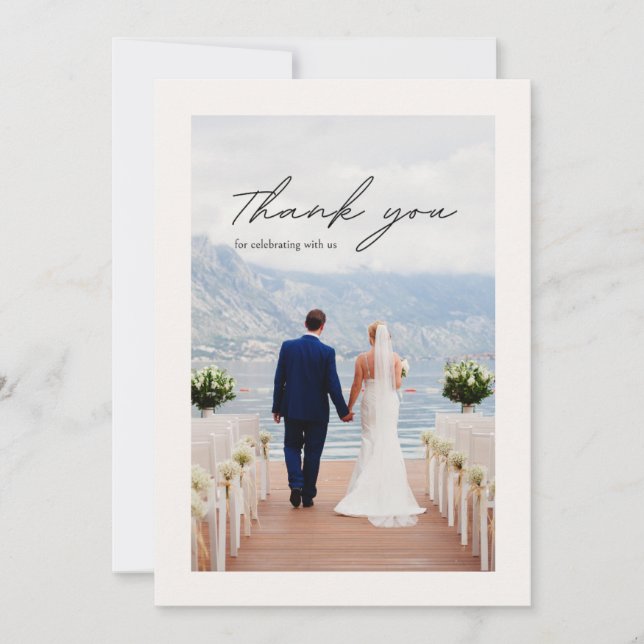 Beige minimalist flower Thank you wedding Card (Front)