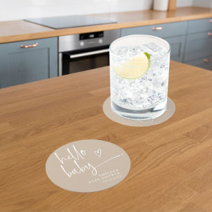 Beige Minimalist Hello Baby Modern Baby Shower Round Paper Coaster