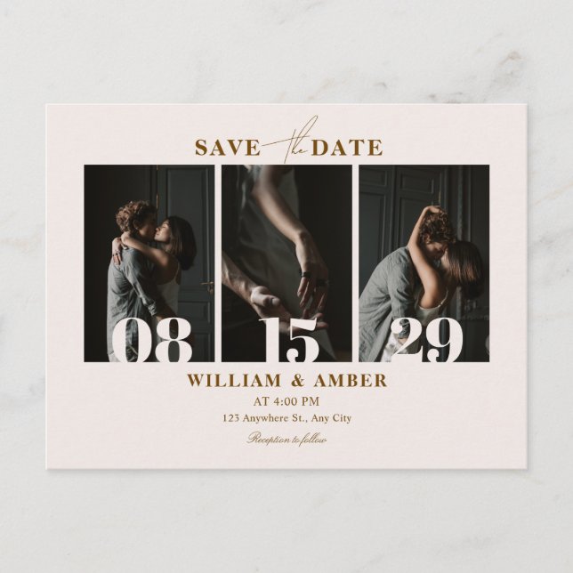 Beige minimalist photo collage wedding postcard (Front)