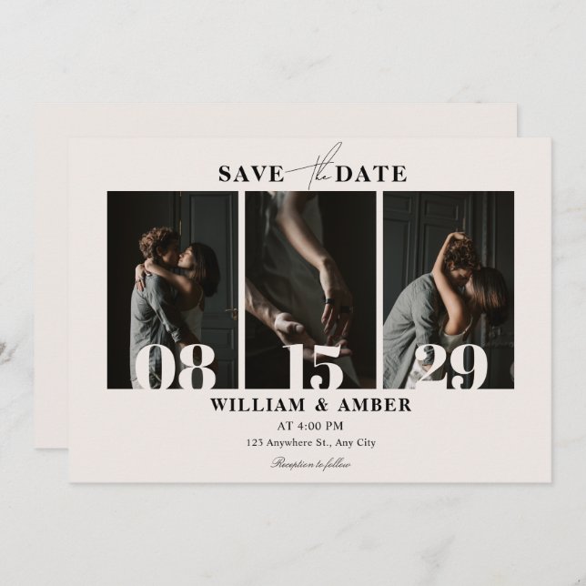 Beige minimalist photo collage wedding save the date (Front/Back)