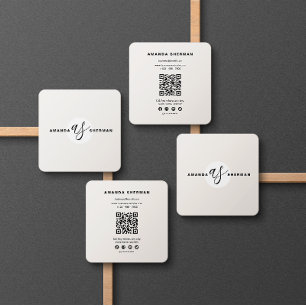 Beige Minimalist Professional Scannable QR Code Square Business Card