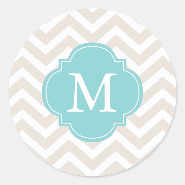 Beige & Mint Zigzags Pattern Monogram Classic Round Sticker (Front)