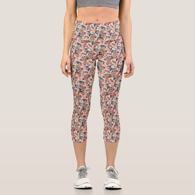 Beige Mix Flowers Pattern Capri Leggins Leggings (Front)