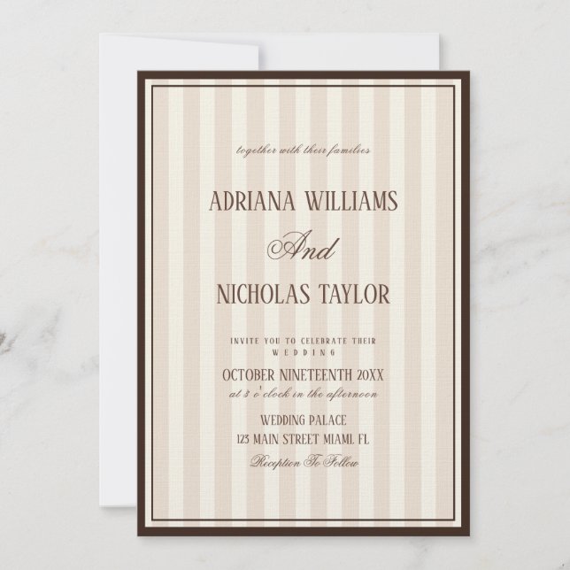 Beige Mocca Stripes Wedding Invitation (Front)