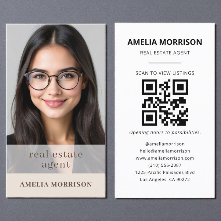 Beige Mocha Real Estate Agent QR Code Photo Business Card
