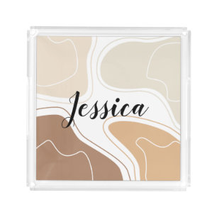 Beige Modern Abstract Shapes Pattern Name Acrylic Tray