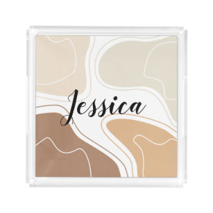 Beige Modern Abstract Shapes Pattern Name Acrylic Tray