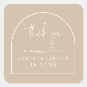 Beige Modern Arch Minimalist Christening Favor Square Sticker