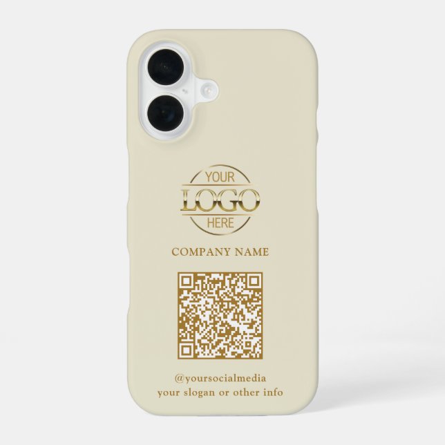 Beige Modern Business Logo & QR Code Promotional iPhone Case (Back)