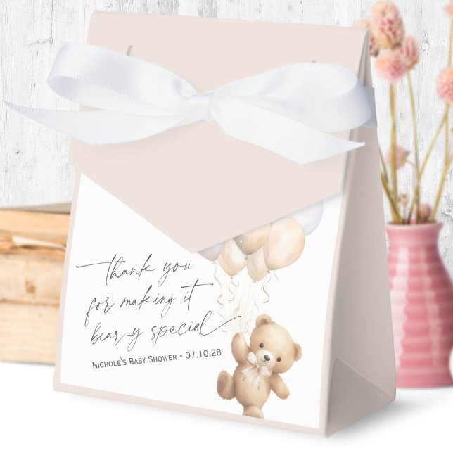 Beige Modern Cute Bearly wait Gender Neutral Favor Boxes (We Can Bearly Wait, Beige Baby Boy Shower Favor Box.)