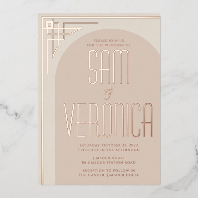 Beige Modern Deco Arch Foil Invitation (Front)