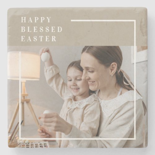 Beige Modern Family Photo  Happy Blessed Easter Stone Coaster